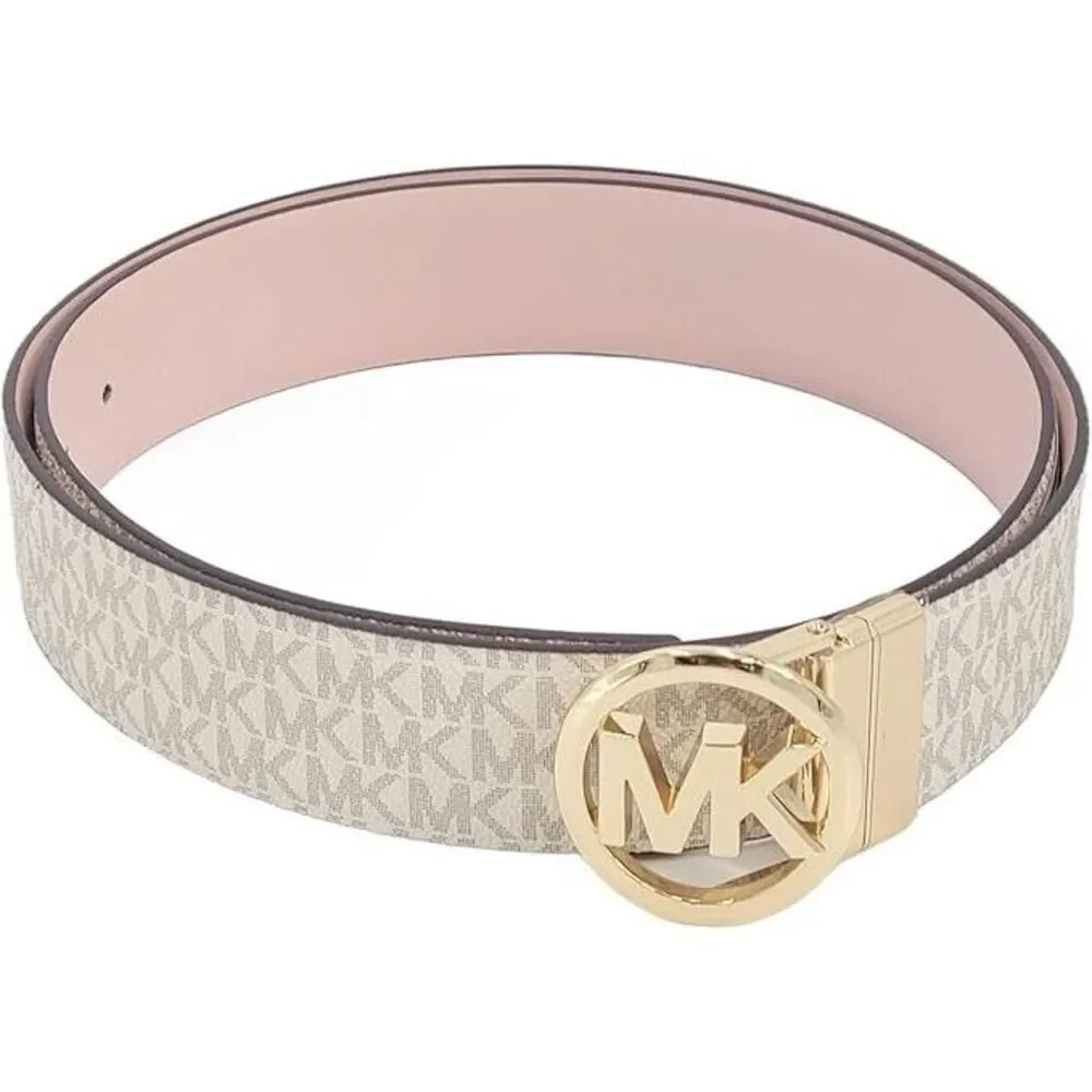 MICHAEL KORS 558385 CREAM MK /LIGHT PINK W/GOLD HARDWARE WOMENS REVERSIBLE BELT - Picture 2 of 3